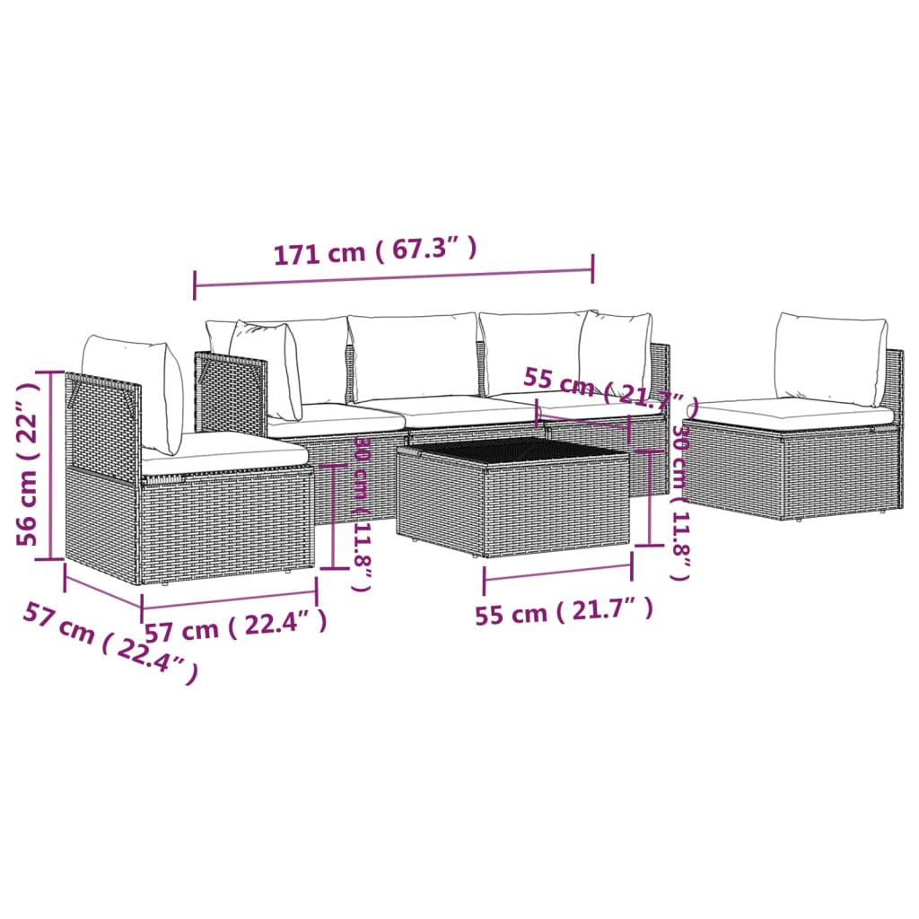 vidaXL 6 Piece Patio Lounge Set with Cushions Gray Poly Rattan-9