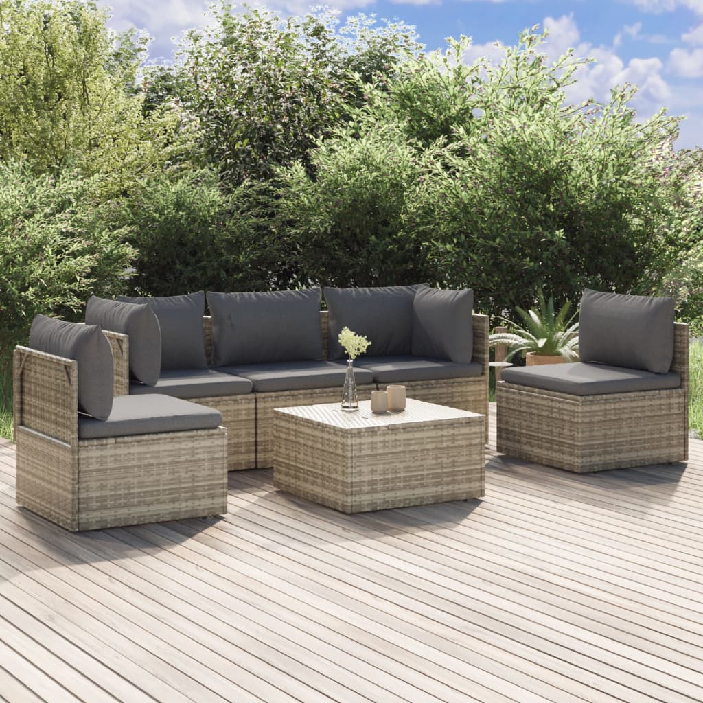 vidaXL 6 Piece Patio Lounge Set with Cushions Gray Poly Rattan-0