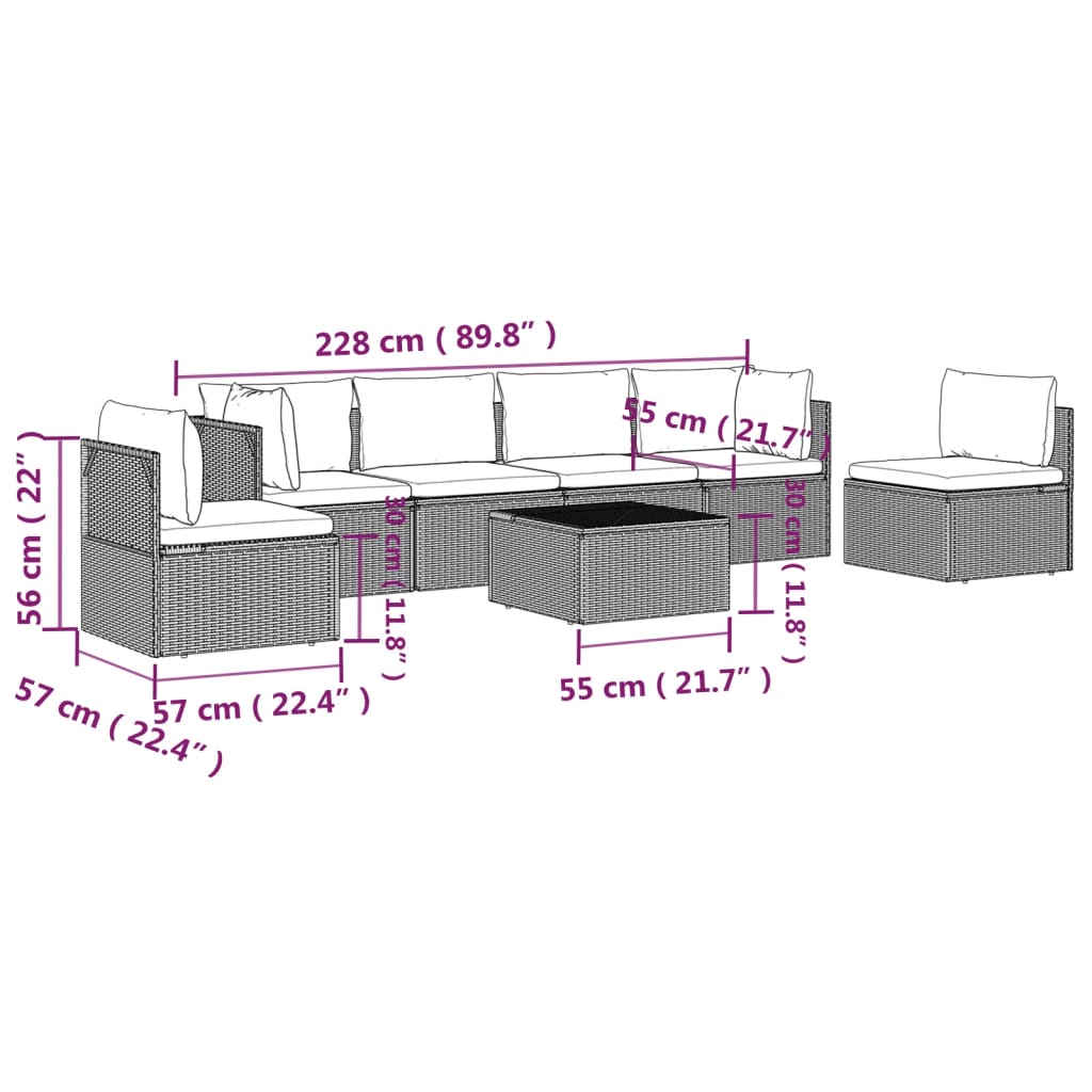 vidaXL 7 Piece Patio Lounge Set with Cushions Gray Poly Rattan-4