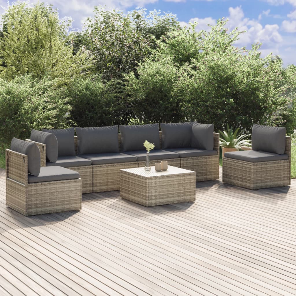 vidaXL 7 Piece Patio Lounge Set with Cushions Gray Poly Rattan-0