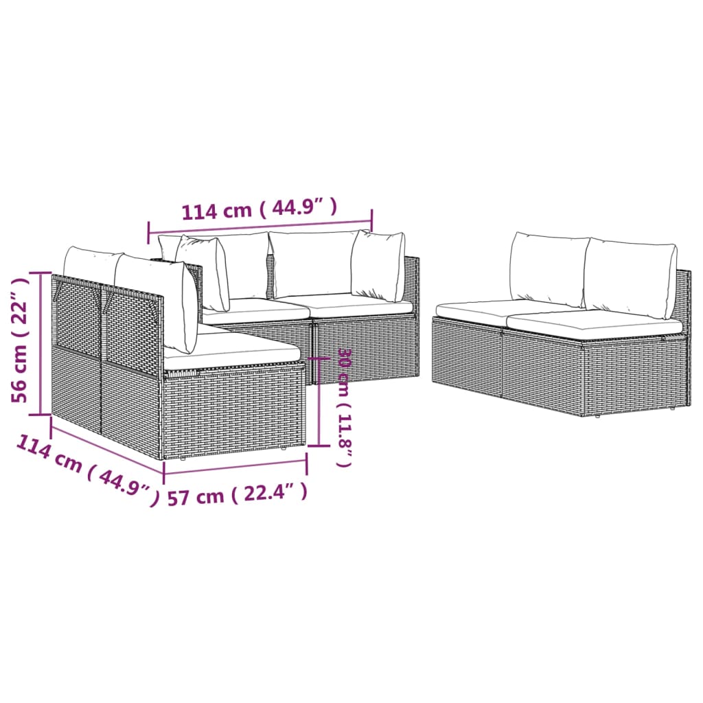 vidaXL 6 Piece Patio Lounge Set with Cushions Gray Poly Rattan-3