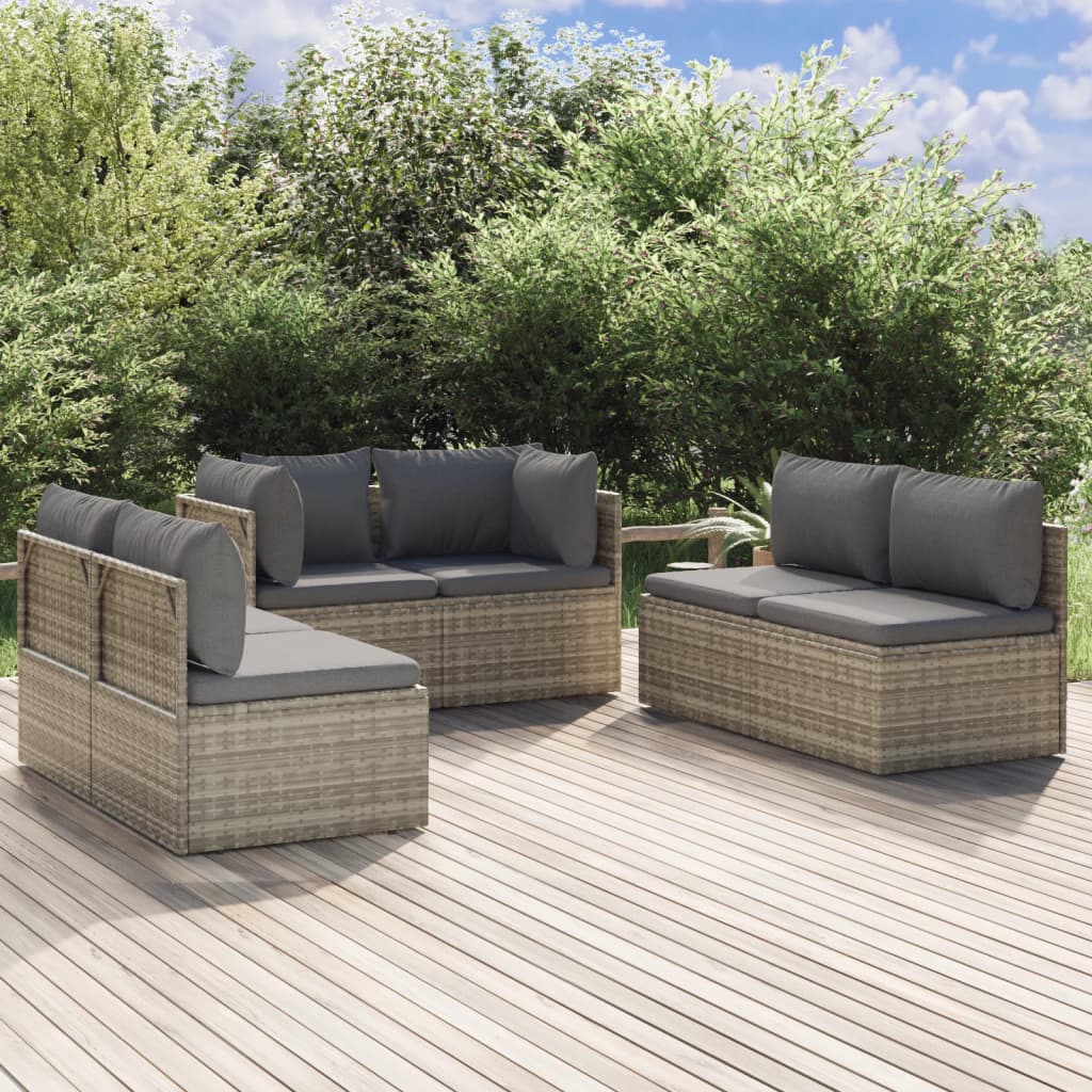 vidaXL 6 Piece Patio Lounge Set with Cushions Gray Poly Rattan-0