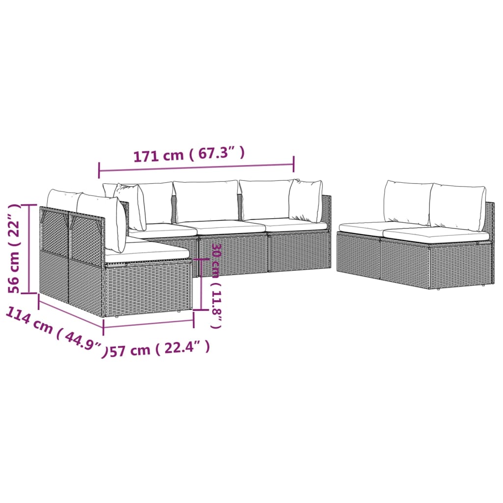 vidaXL 7 Piece Patio Lounge Set with Cushions Gray Poly Rattan-3