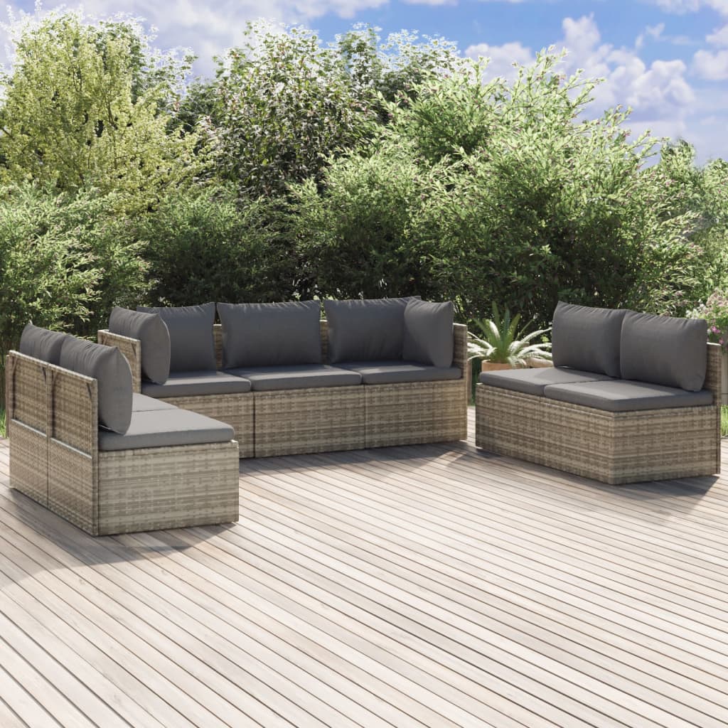 vidaXL 7 Piece Patio Lounge Set with Cushions Gray Poly Rattan-0