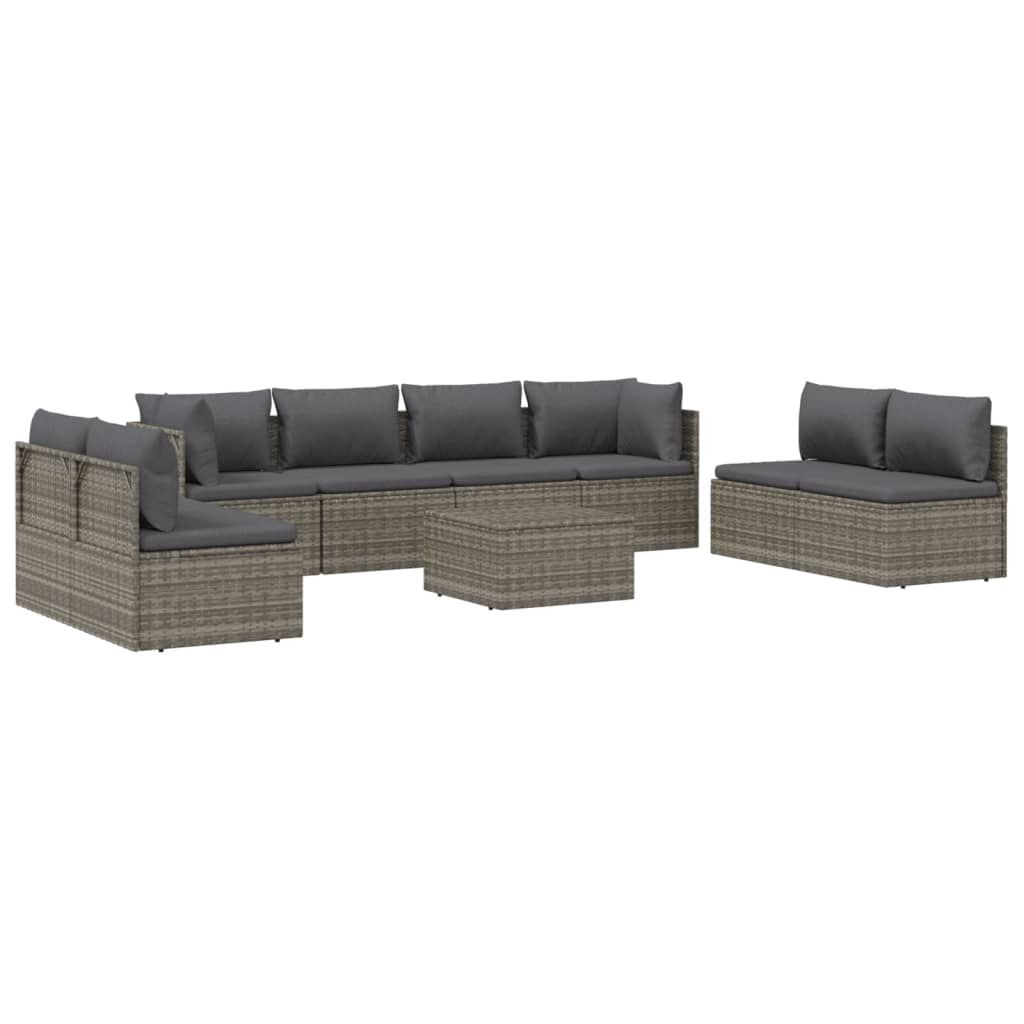 vidaXL 9 Piece Patio Lounge Set with Cushions Gray Poly Rattan-5