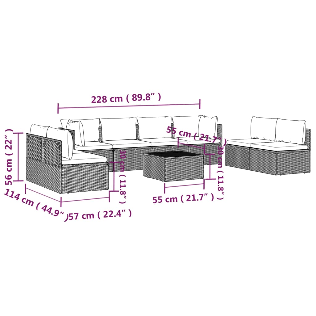 vidaXL 9 Piece Patio Lounge Set with Cushions Gray Poly Rattan-4