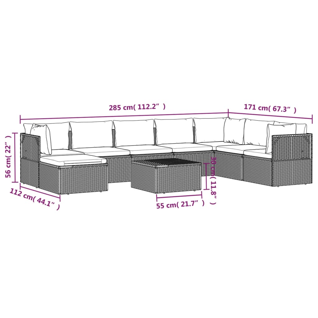 vidaXL 9 Piece Patio Lounge Set with Cushions Gray Poly Rattan-9