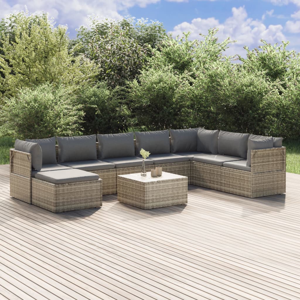 vidaXL 9 Piece Patio Lounge Set with Cushions Gray Poly Rattan-0