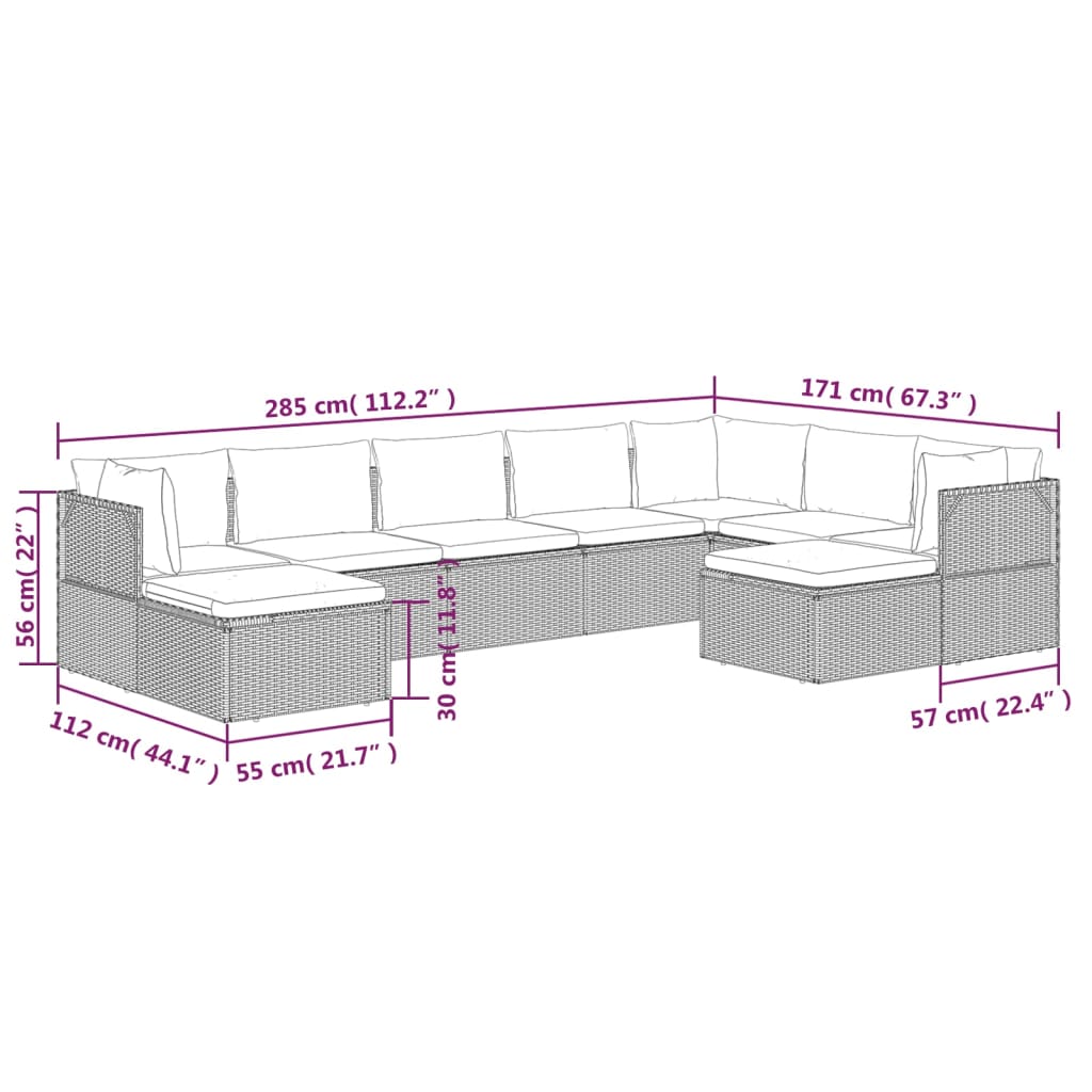 vidaXL 9 Piece Patio Lounge Set with Cushions Gray Poly Rattan-9