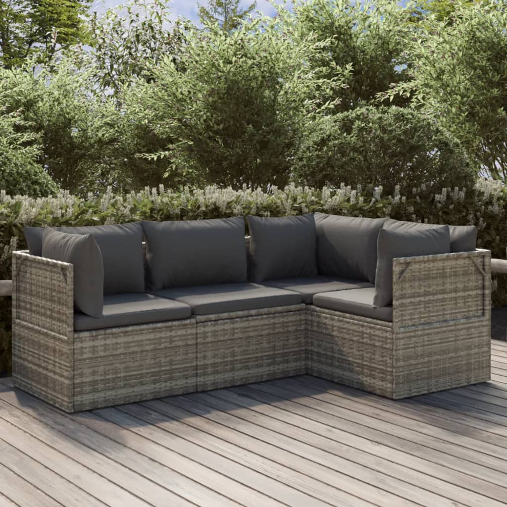 vidaXL 4 Piece Patio Lounge Set with Cushions Gray Poly Rattan-0