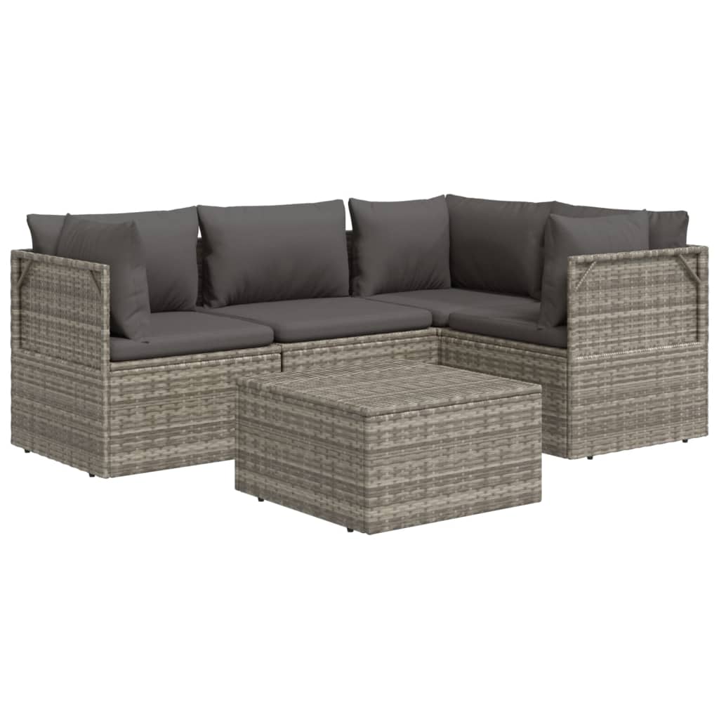 vidaXL 5 Piece Patio Lounge Set with Cushions Gray Poly Rattan-3