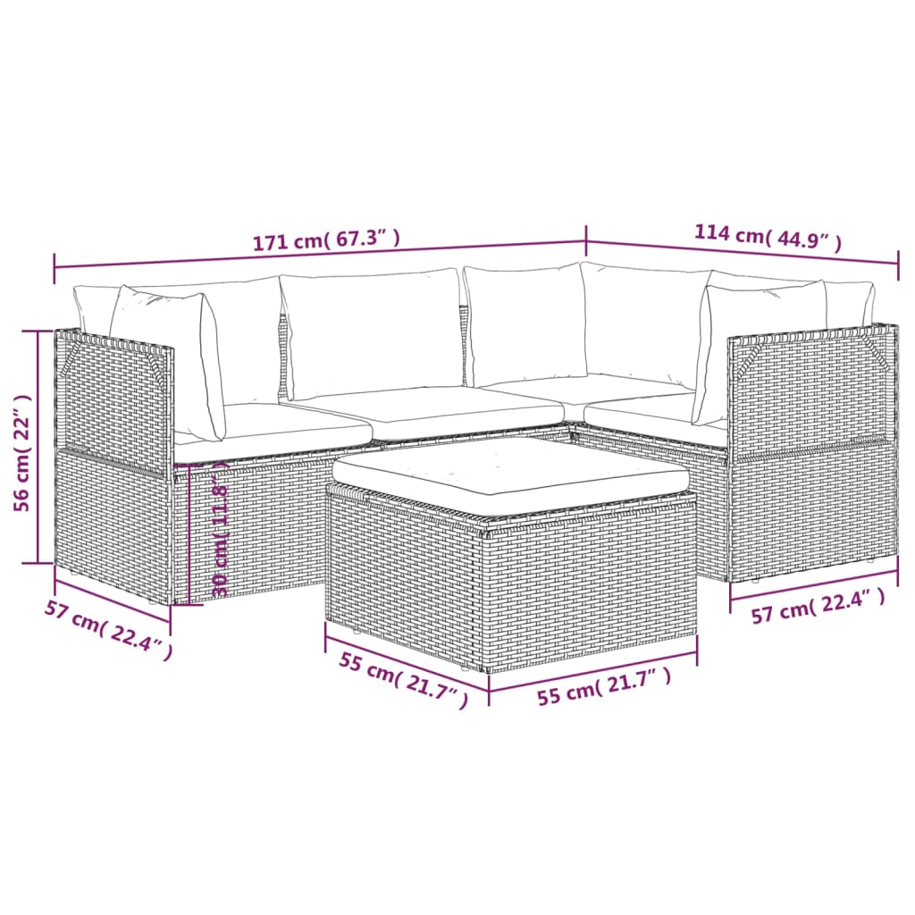 vidaXL 5 Piece Patio Lounge Set with Cushions Gray Poly Rattan-9