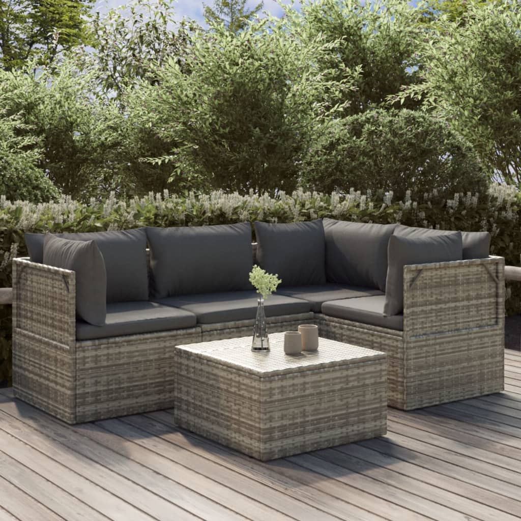 vidaXL 5 Piece Patio Lounge Set with Cushions Gray Poly Rattan-0