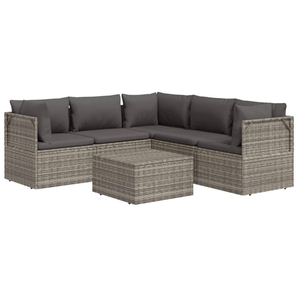 vidaXL 6 Piece Patio Lounge Set with Cushions Gray Poly Rattan-3