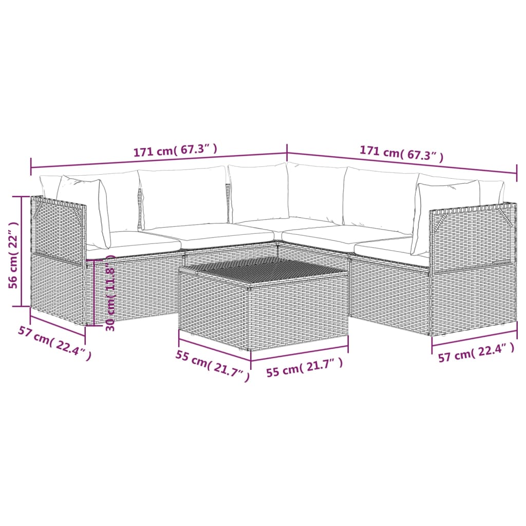 vidaXL 6 Piece Patio Lounge Set with Cushions Gray Poly Rattan-9