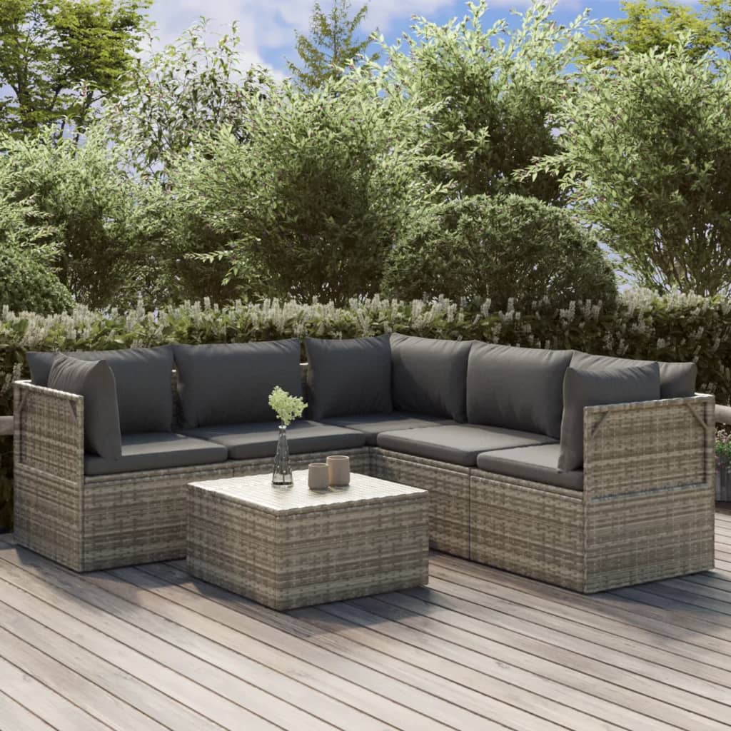 vidaXL 6 Piece Patio Lounge Set with Cushions Gray Poly Rattan-0