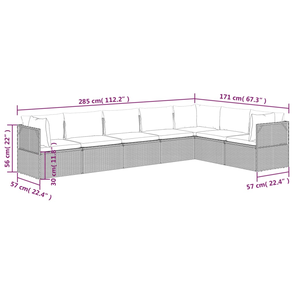 vidaXL 7 Piece Patio Lounge Set with Cushions Gray Poly Rattan-9