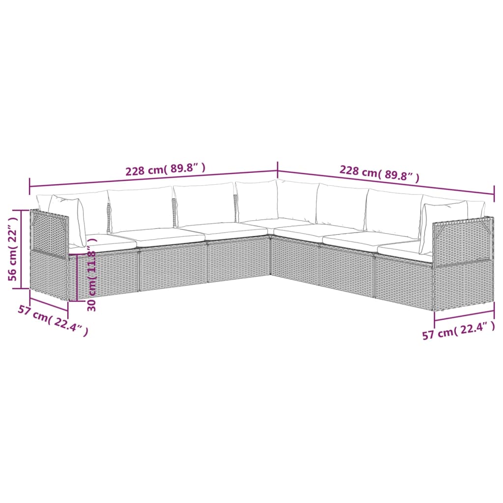 vidaXL 7 Piece Patio Lounge Set with Cushions Gray Poly Rattan-9