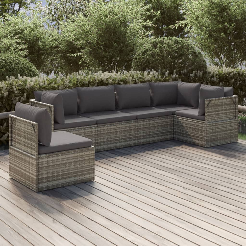 vidaXL 6 Piece Patio Lounge Set with Cushions Gray Poly Rattan-0