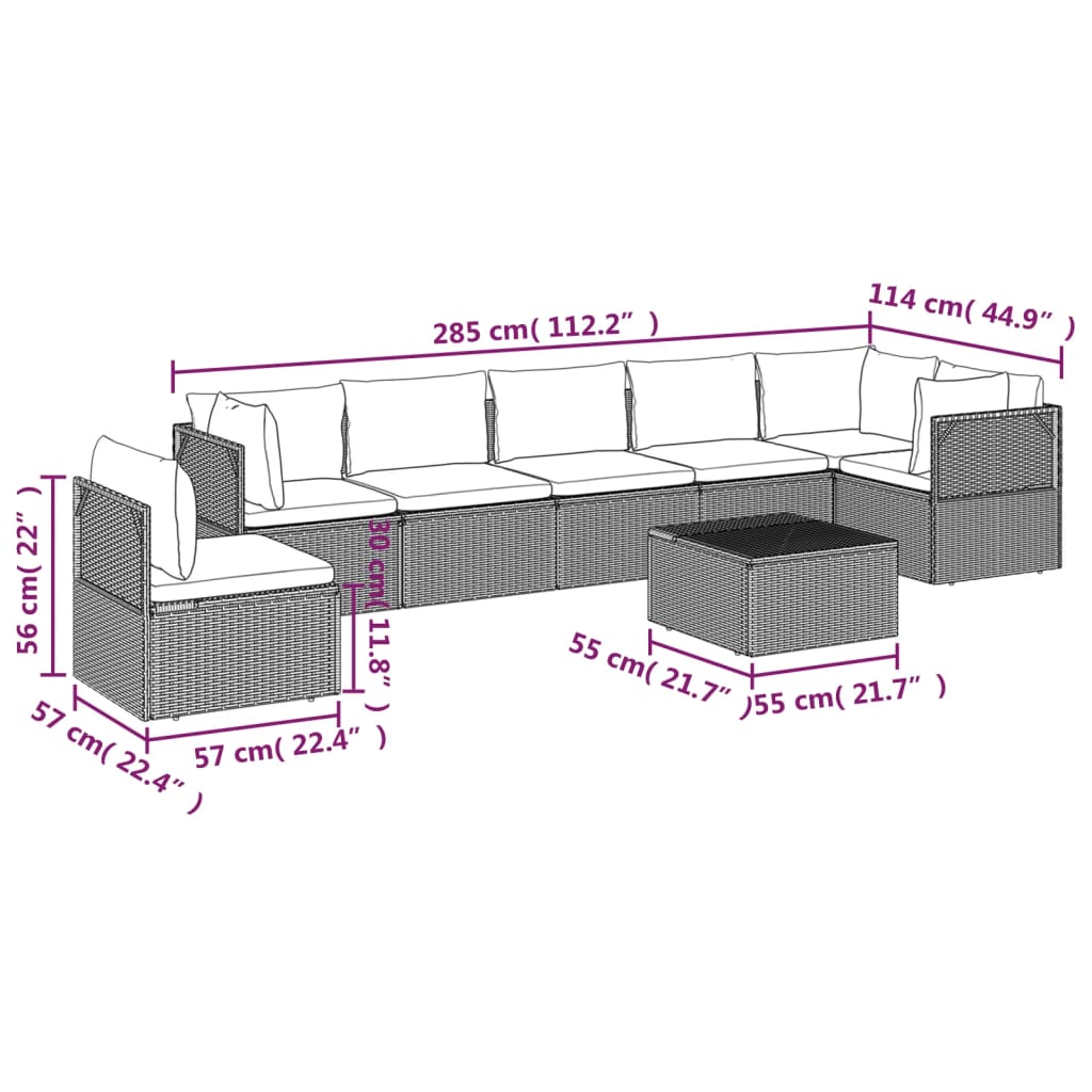 vidaXL 8 Piece Patio Lounge Set with Cushions Gray Poly Rattan-9