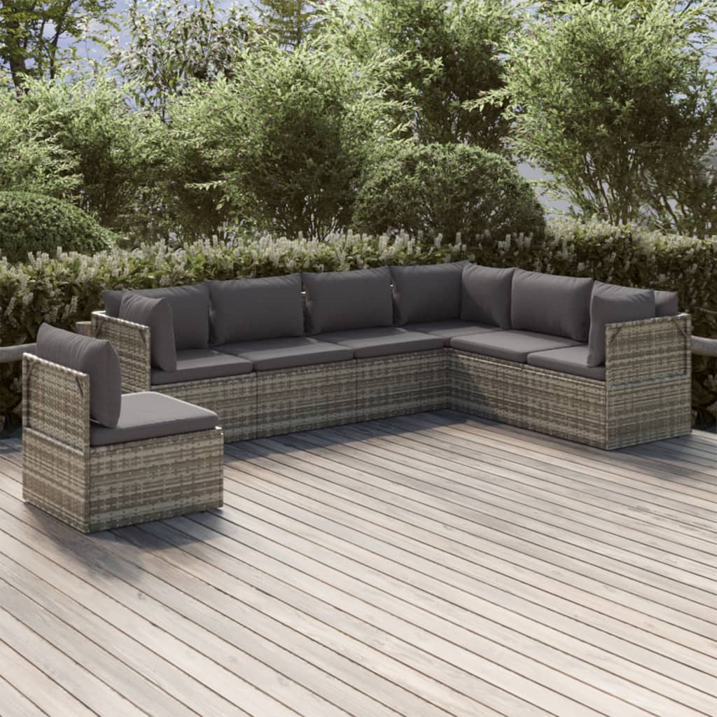 vidaXL 7 Piece Patio Lounge Set with Cushions Gray Poly Rattan-0