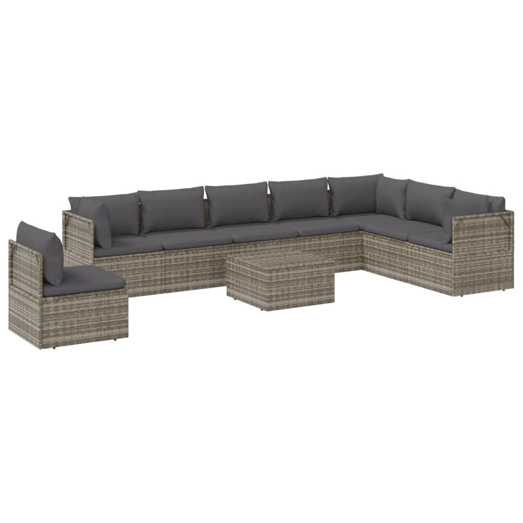 vidaXL 9 Piece Patio Lounge Set with Cushions Gray Poly Rattan-3