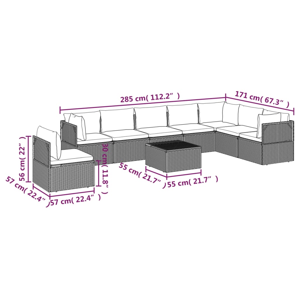 vidaXL 9 Piece Patio Lounge Set with Cushions Gray Poly Rattan-9