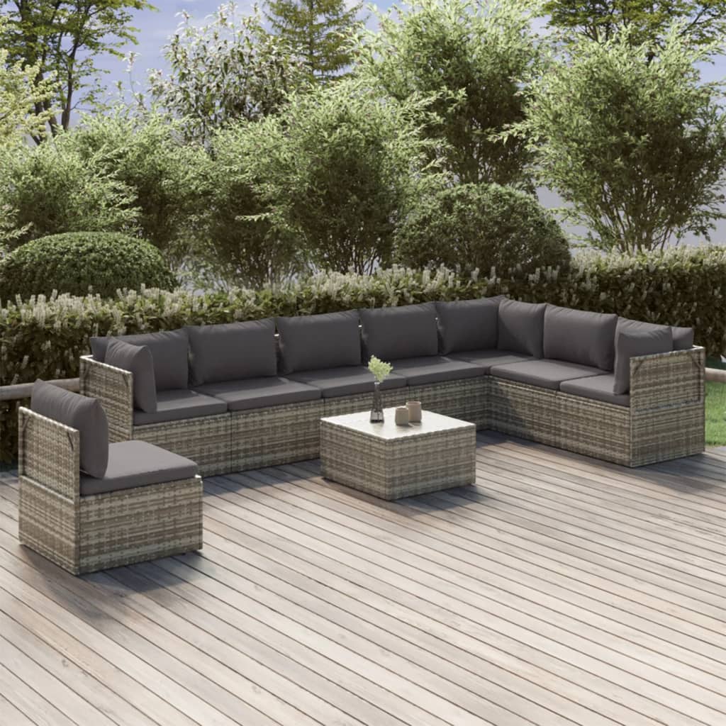 vidaXL 9 Piece Patio Lounge Set with Cushions Gray Poly Rattan-0