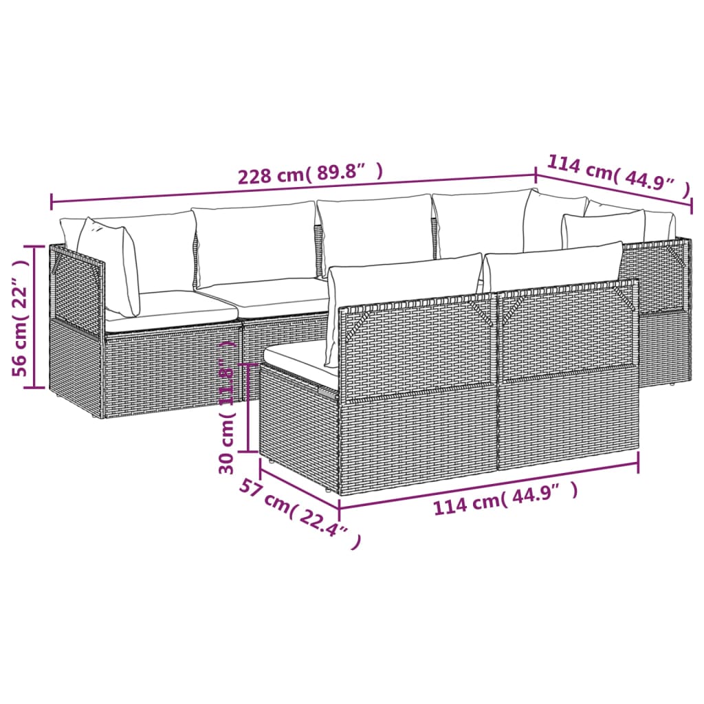 vidaXL 7 Piece Patio Lounge Set with Cushions Gray Poly Rattan-3