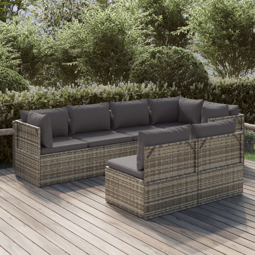 vidaXL 7 Piece Patio Lounge Set with Cushions Gray Poly Rattan-0