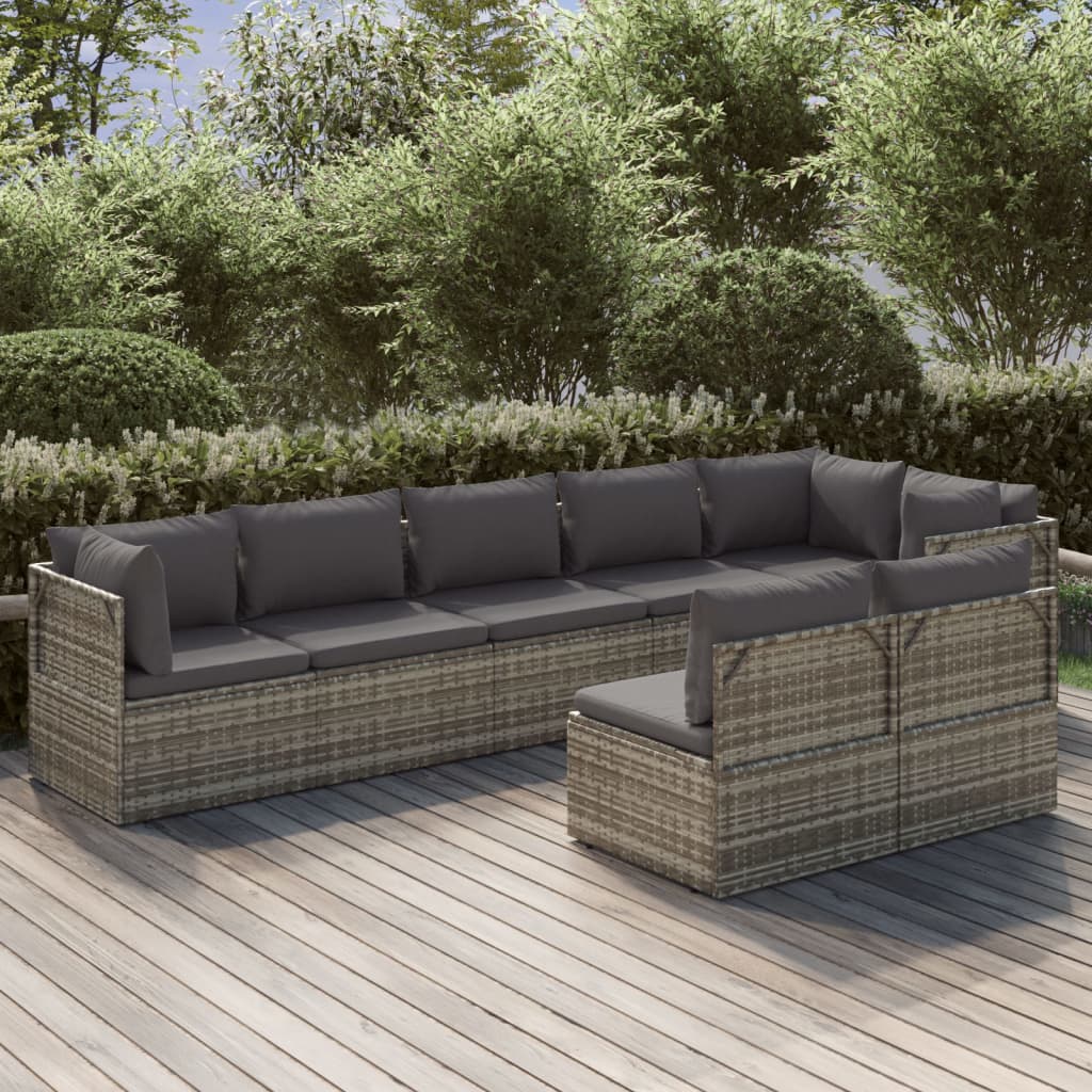 vidaXL 8 Piece Patio Lounge Set with Cushions Gray Poly Rattan-0