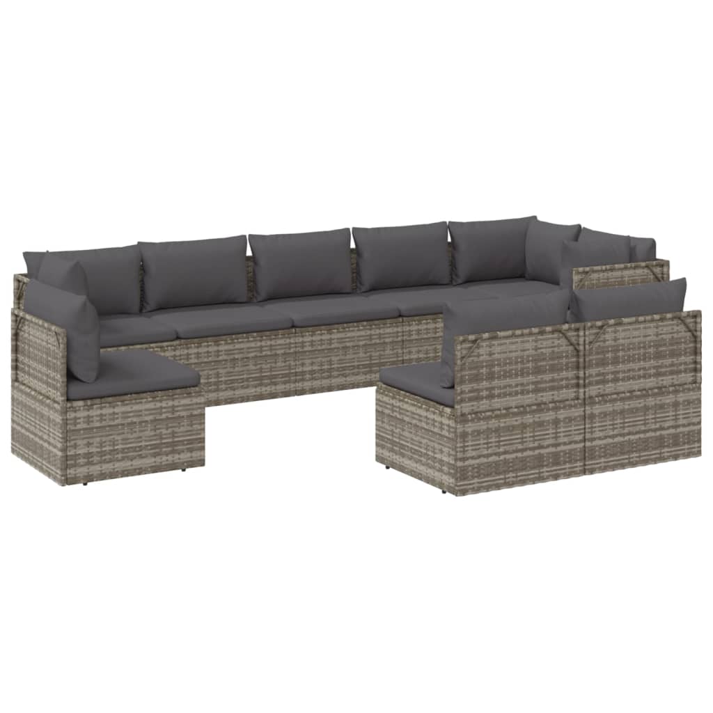 vidaXL 9 Piece Patio Lounge Set with Cushions Gray Poly Rattan-5