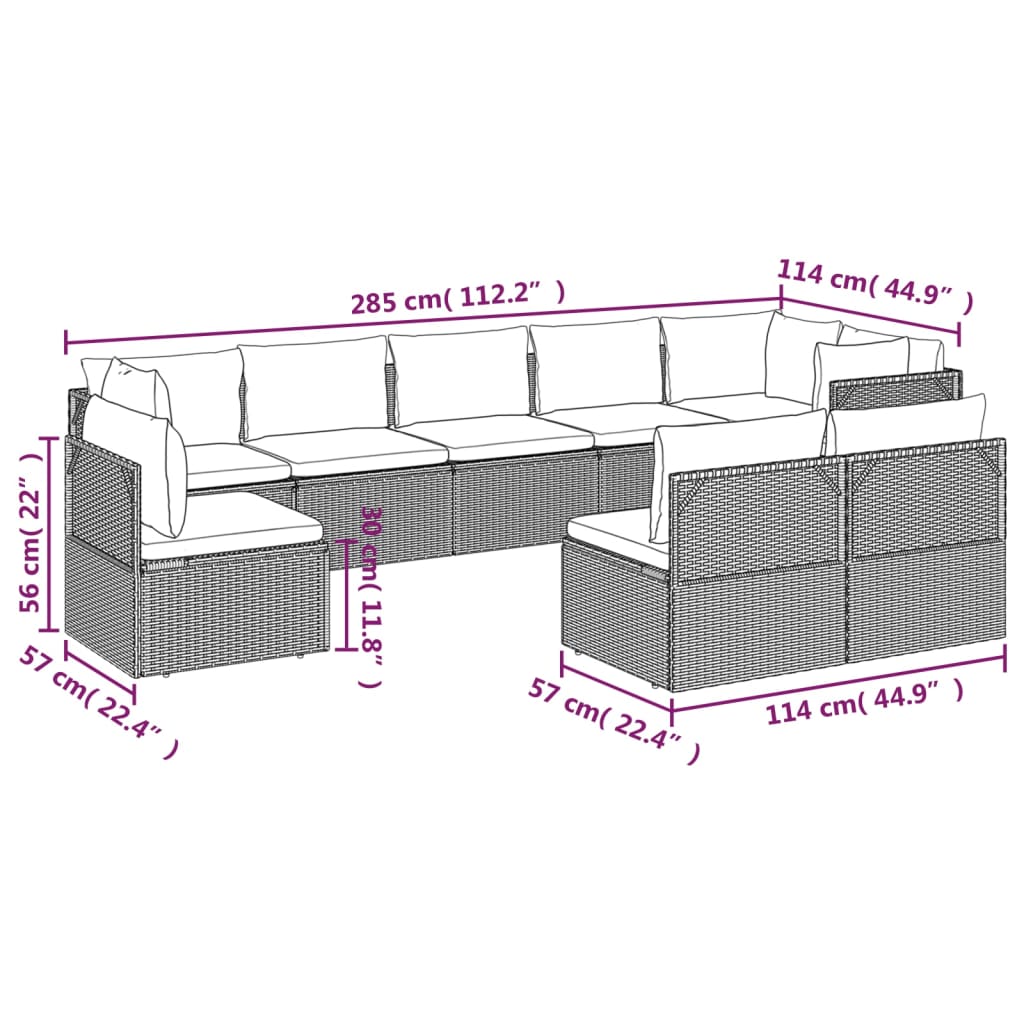 vidaXL 9 Piece Patio Lounge Set with Cushions Gray Poly Rattan-3