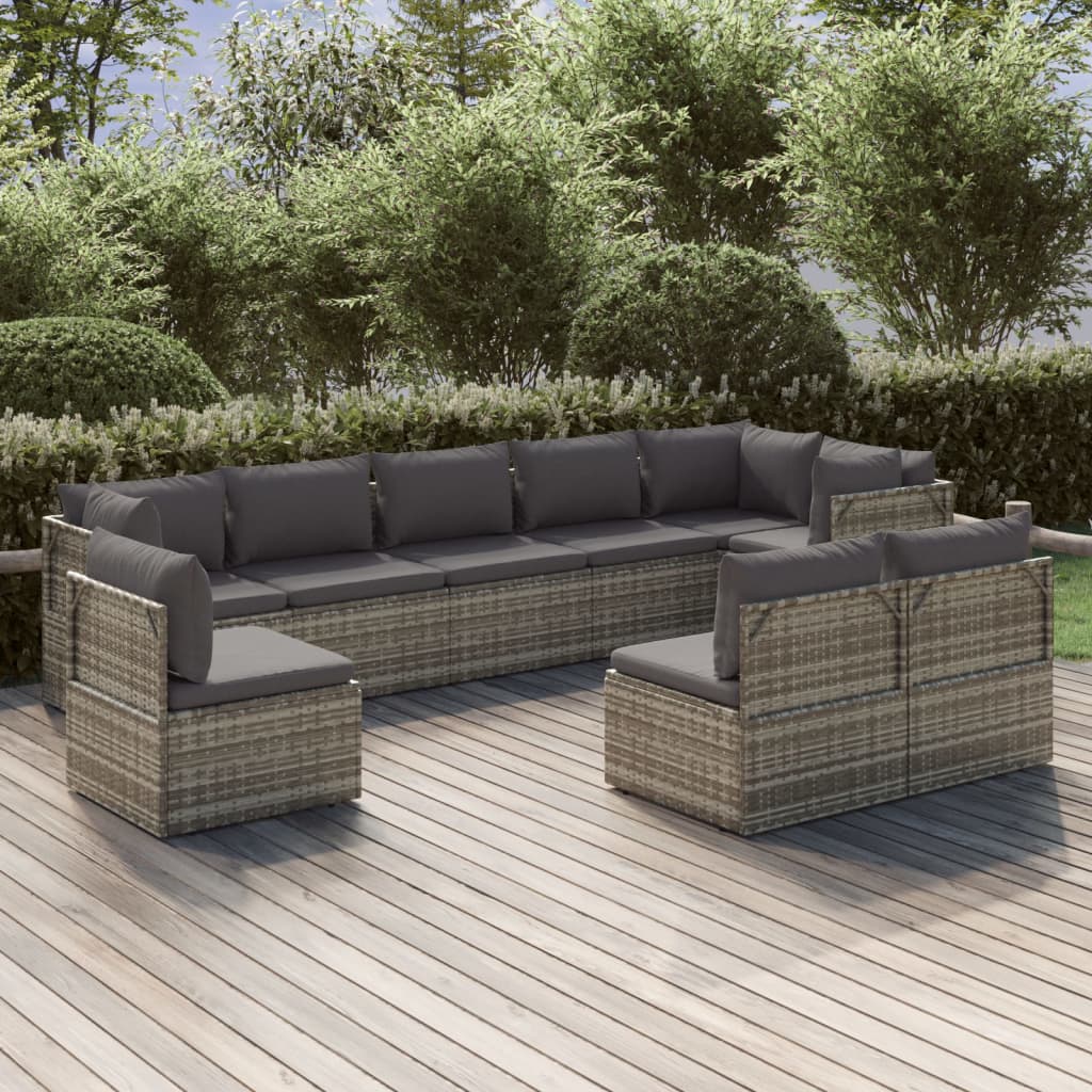 vidaXL 9 Piece Patio Lounge Set with Cushions Gray Poly Rattan-0