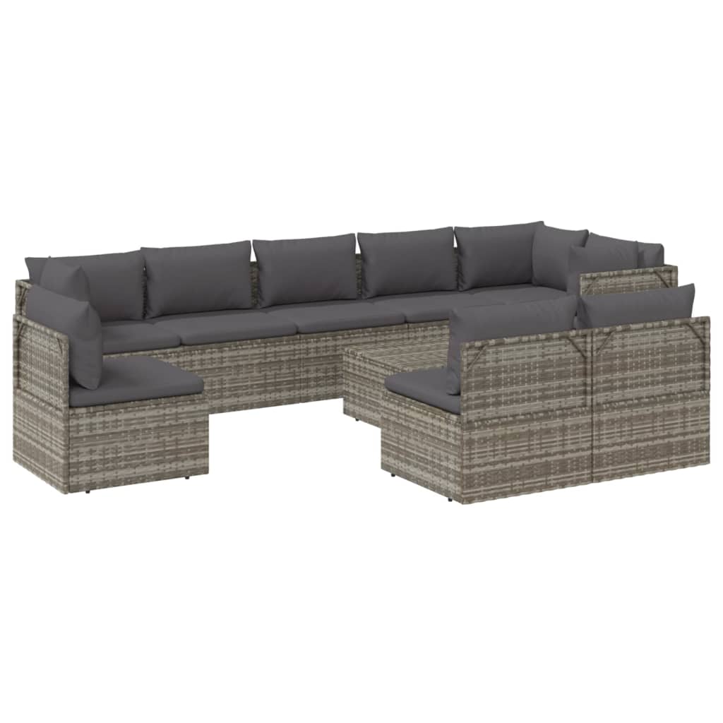 vidaXL 10 Piece Patio Lounge Set with Cushions Gray Poly Rattan-4