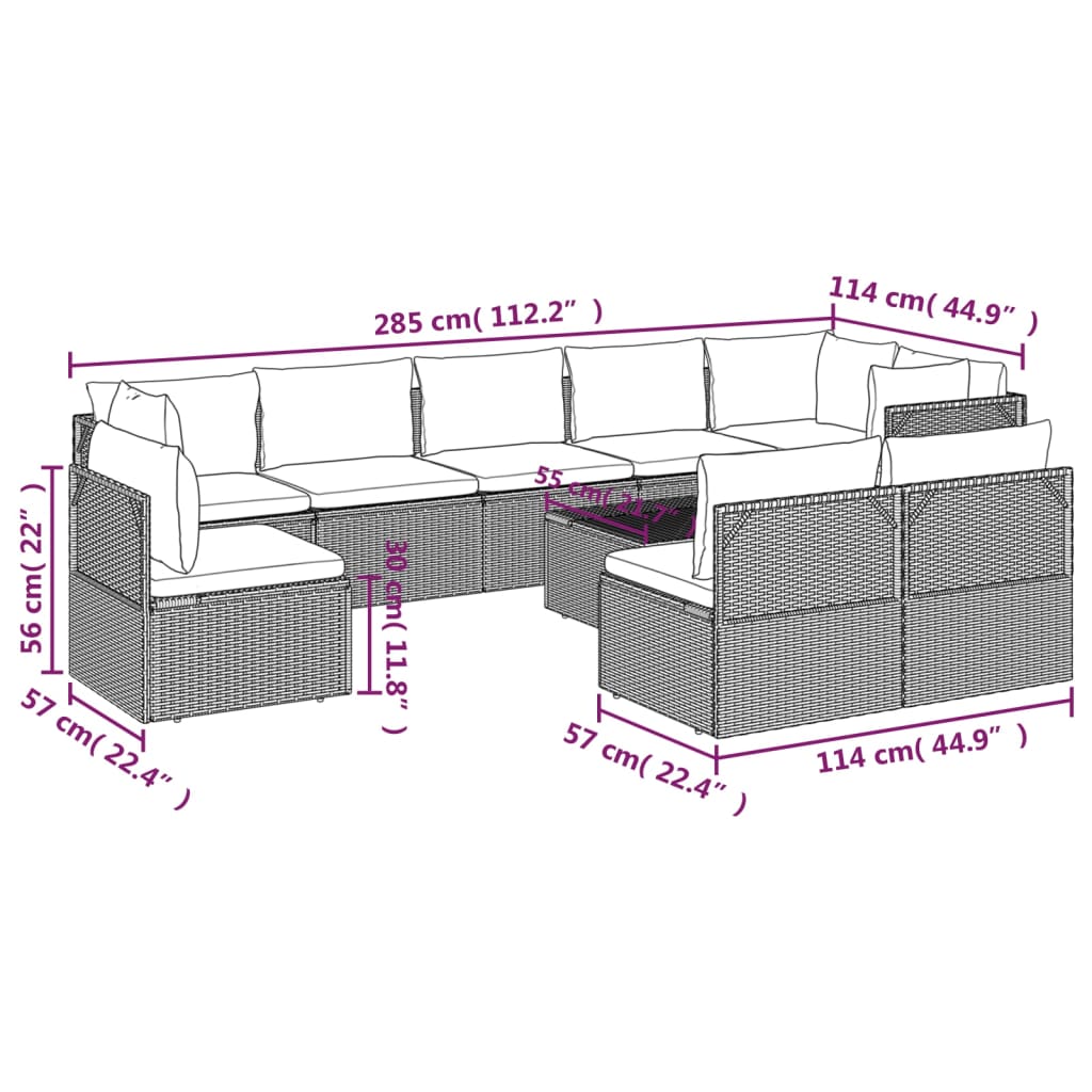 vidaXL 10 Piece Patio Lounge Set with Cushions Gray Poly Rattan-9