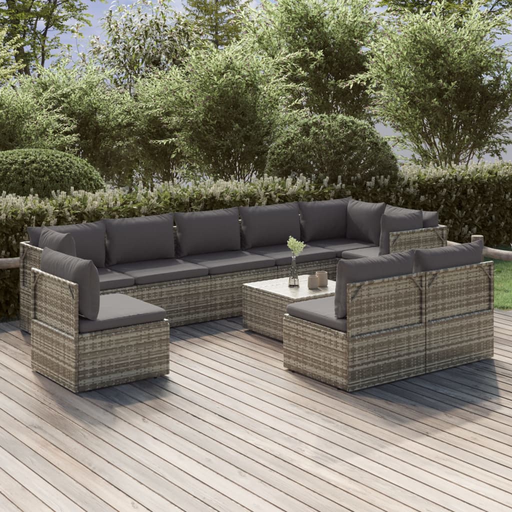 vidaXL 10 Piece Patio Lounge Set with Cushions Gray Poly Rattan-0