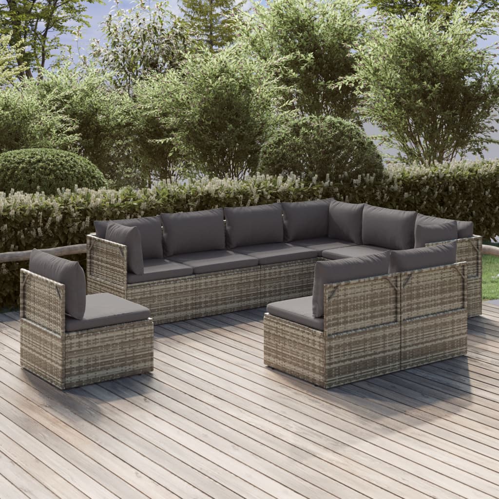 vidaXL 9 Piece Patio Lounge Set with Cushions Gray Poly Rattan-0