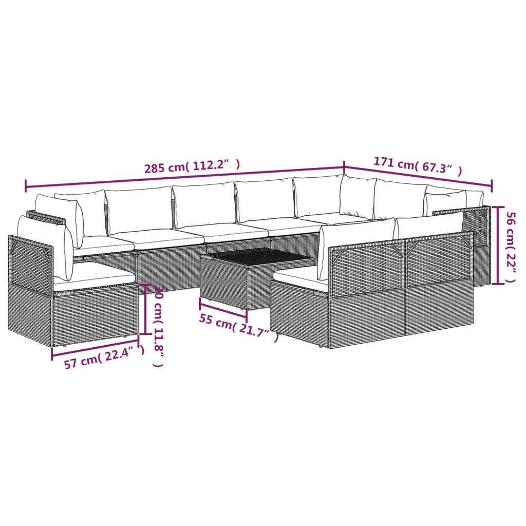 vidaXL 11 Piece Patio Lounge Set with Cushions Gray Poly Rattan-9