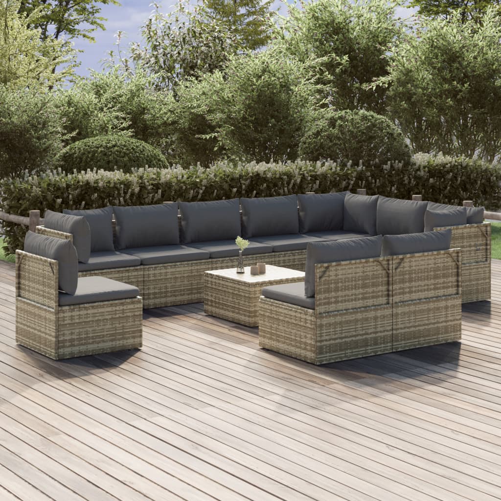 vidaXL 11 Piece Patio Lounge Set with Cushions Gray Poly Rattan-0