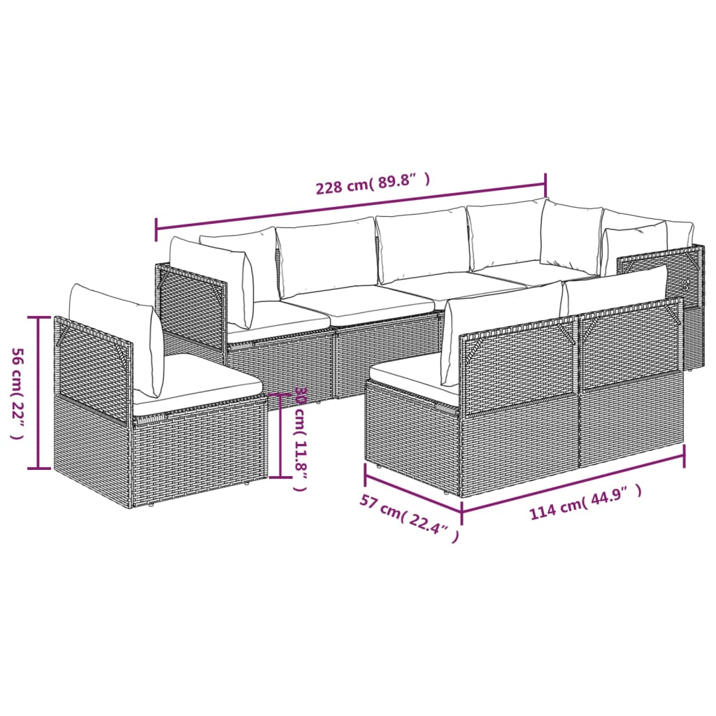 vidaXL 8 Piece Patio Lounge Set with Cushions Gray Poly Rattan-9