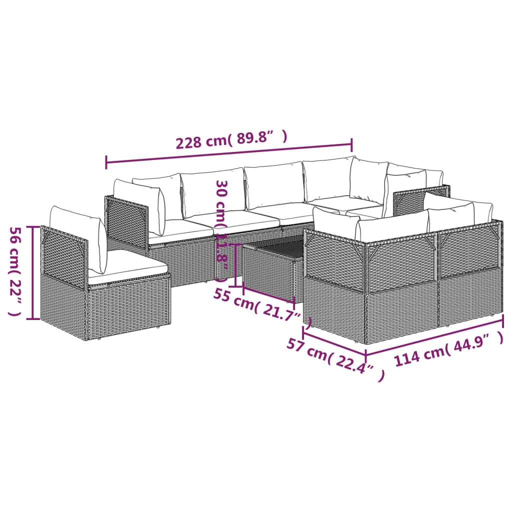 vidaXL 9 Piece Patio Lounge Set with Cushions Gray Poly Rattan-9