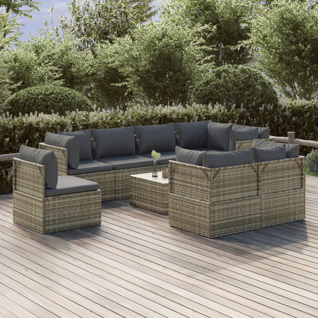 vidaXL 9 Piece Patio Lounge Set with Cushions Gray Poly Rattan-0