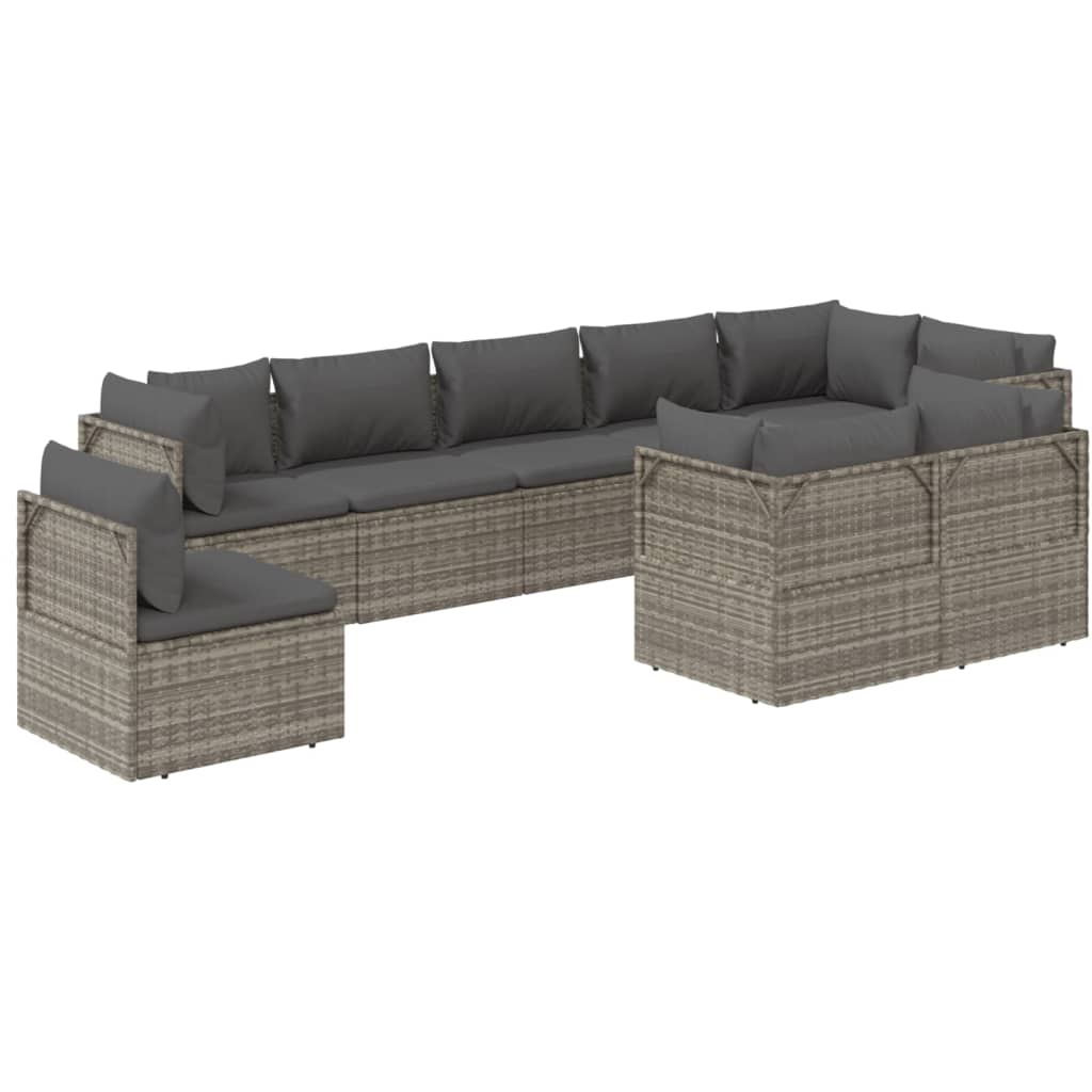 vidaXL 9 Piece Patio Lounge Set with Cushions Gray Poly Rattan-4