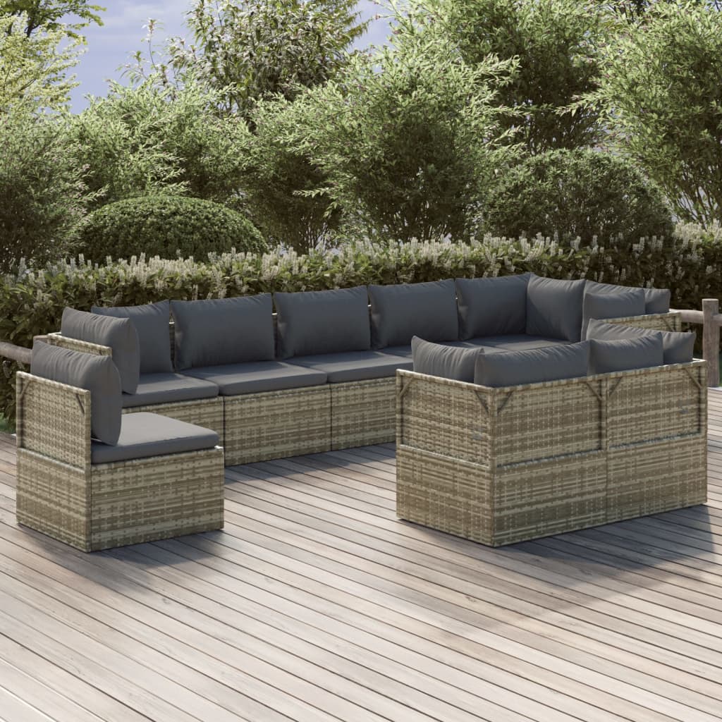 vidaXL 9 Piece Patio Lounge Set with Cushions Gray Poly Rattan-0