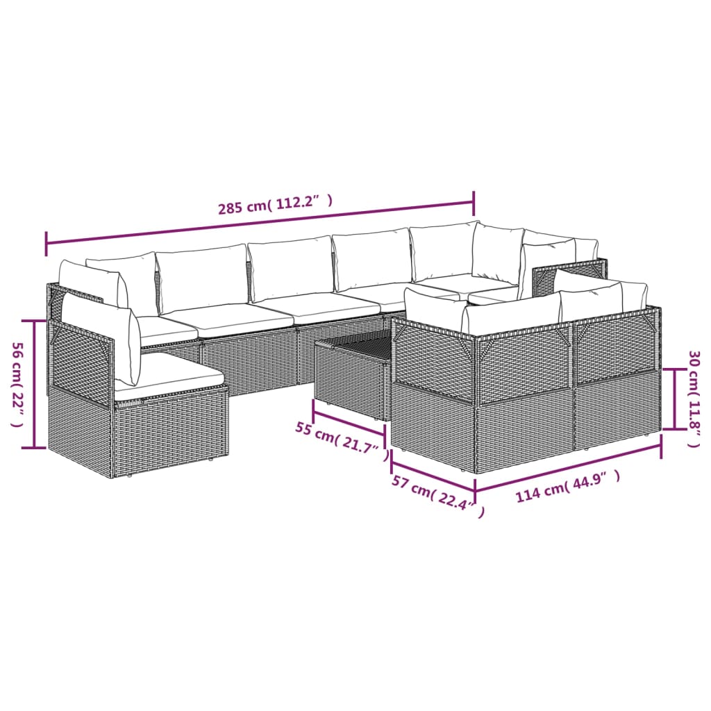 vidaXL 10 Piece Patio Lounge Set with Cushions Gray Poly Rattan-9