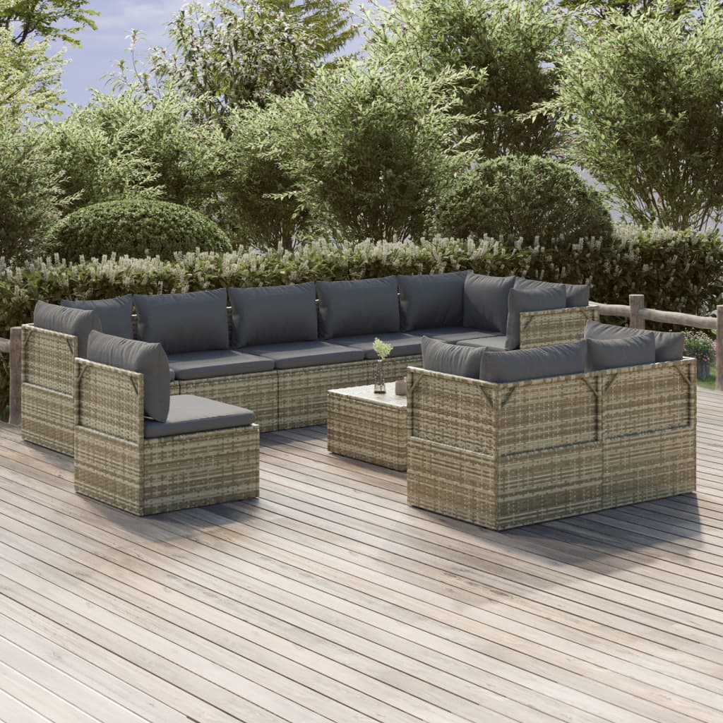 vidaXL 10 Piece Patio Lounge Set with Cushions Gray Poly Rattan-0