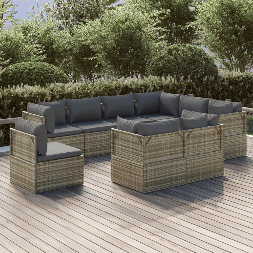 vidaXL 9 Piece Patio Lounge Set with Cushions Gray Poly Rattan-0