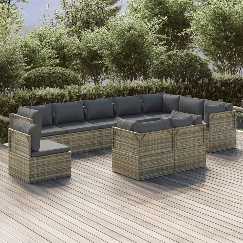 vidaXL 10 Piece Patio Lounge Set with Cushions Gray Poly Rattan-0