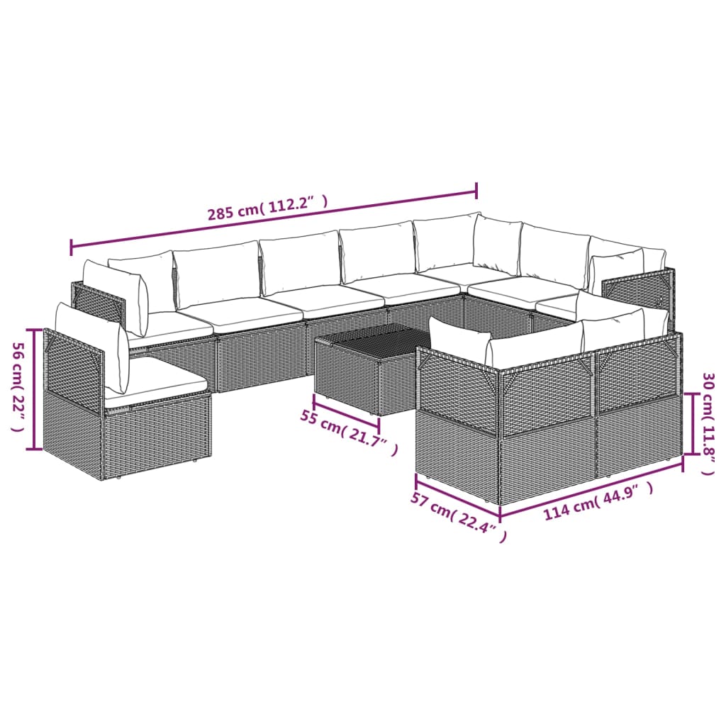 vidaXL 11 Piece Patio Lounge Set with Cushions Gray Poly Rattan-9